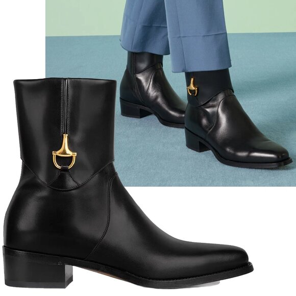 GUCCI BOOTS MENS EGA ELIZABETH HORSEBIT BLACK LEATHER ANKLE sz 8.5 9 - Picture 1 of 14